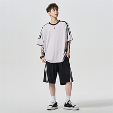 美式条纹短袖套装夏季休闲情侣T恤百搭宽松T恤A406TZ5068P65，男装T恤，星座309（原A406）