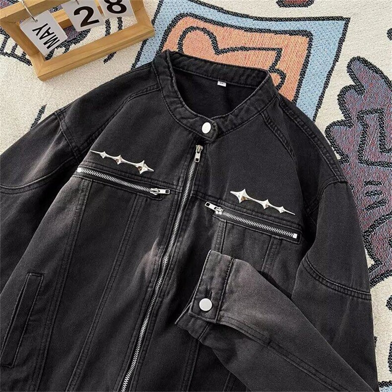 复古做旧水洗垫肩短款拼接牛仔外套男款N1224-P83，男装夹克，星座1109-3