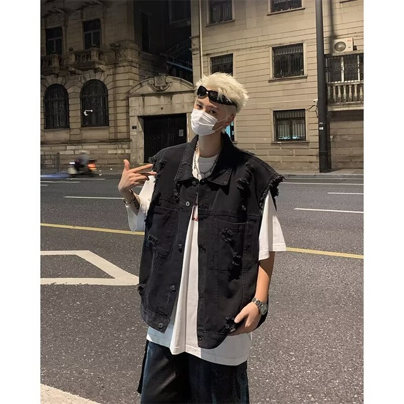 美式高街水洗破洞牛仔马甲男生秋季潮牌宽松潮流毛边工装无袖坎肩,男装背心/马甲,星座302B-2