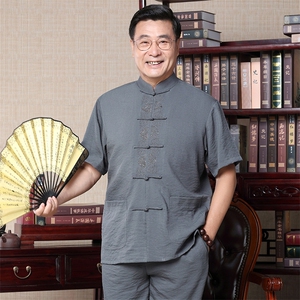 夏季新款男士中老年唐装夏季运动套装风刺绣短袖两件套图片