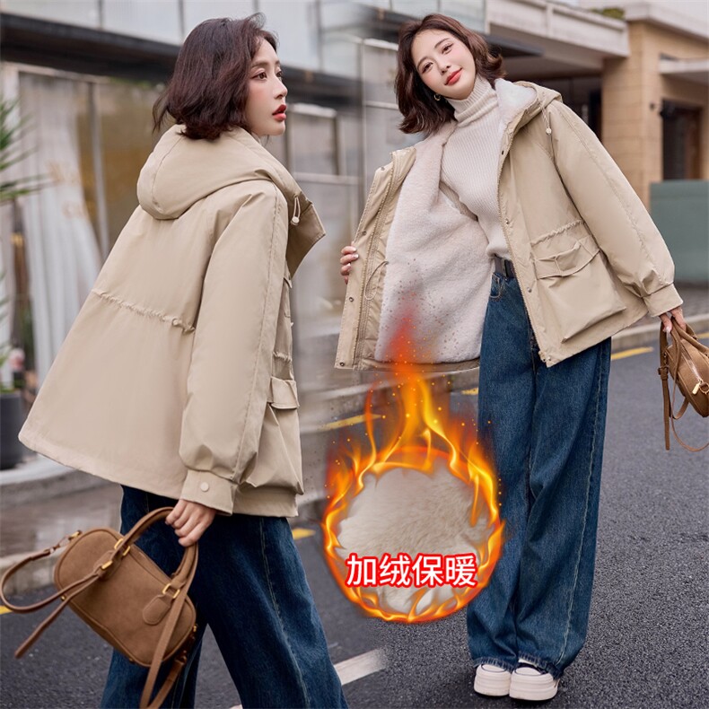 卡其色派克棉服女冬季2024新款棉衣中长款百搭宽松工装加绒加厚，女装棉衣/棉服，梦懿尔