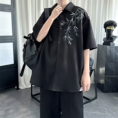 C296-P35新中式风盘扣刺绣短袖衬衫男装高级感唐装外穿衬衣，男装衬衫，电商B323A