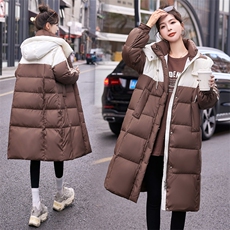 撞色拼接羽绒服女中长款2025冬季新款韩版连帽休闲加厚白鸭绒外套，女装羽绒服，韩宇舍