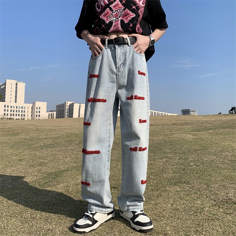 美式hiphop裤子潮牌vibe风宽松直筒阔腿裤男女刺绣牛仔裤,男装牛仔裤,星座1018A