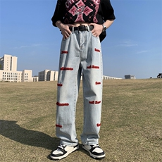 美式hiphop裤子潮牌vibe风宽松直筒阔腿裤男女刺绣牛仔裤，男装牛仔裤，星座1018A