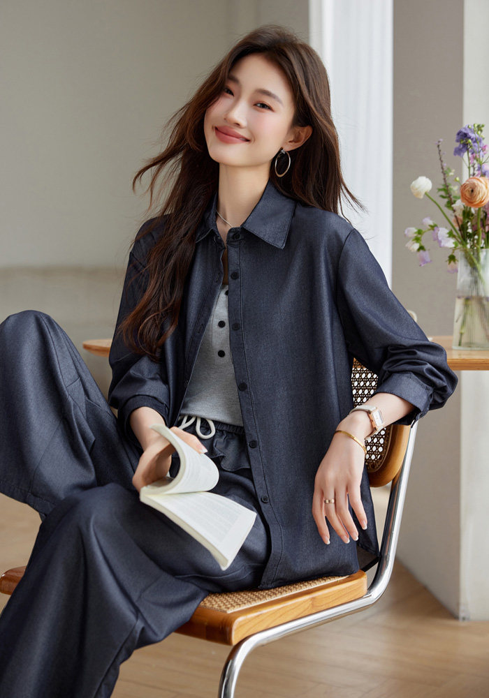 高级感牛仔衬衫阔腿裤套装三件套女2025春季漂亮超火独特叠穿腰封,女装套装/套裙,江南富贵女