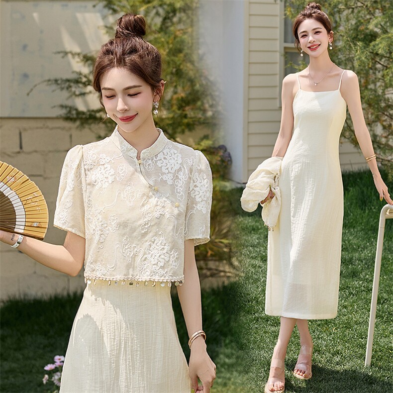 2025夏季新品！新中式风复古刺绣上衣连衣裙套装,女装套装/套裙,自然秀
