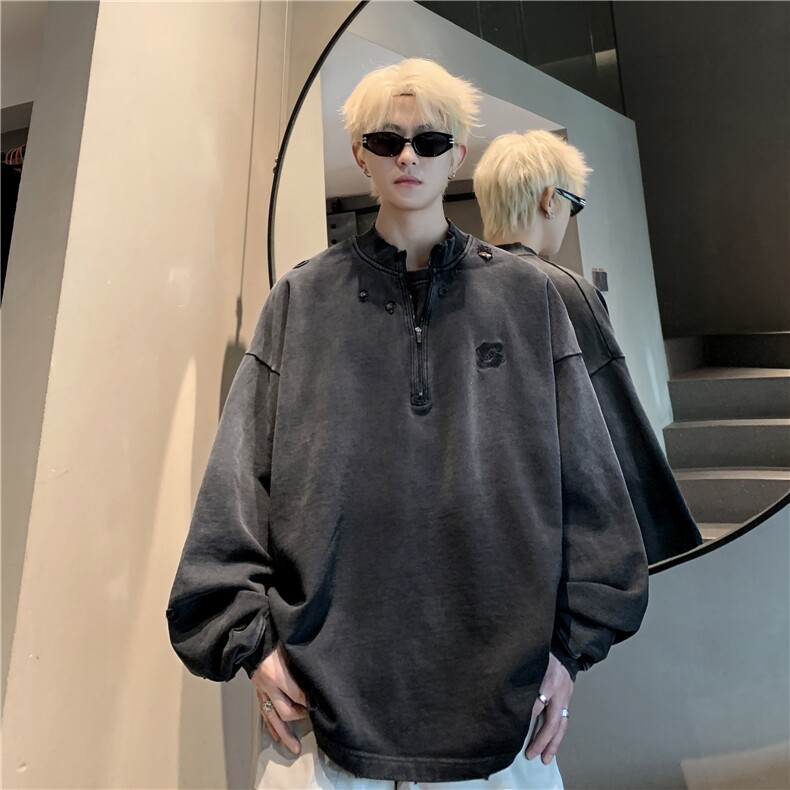 706-1-WY605-P65  秋季男士复古做旧水洗立领半拉链卫衣潮牌外套图片