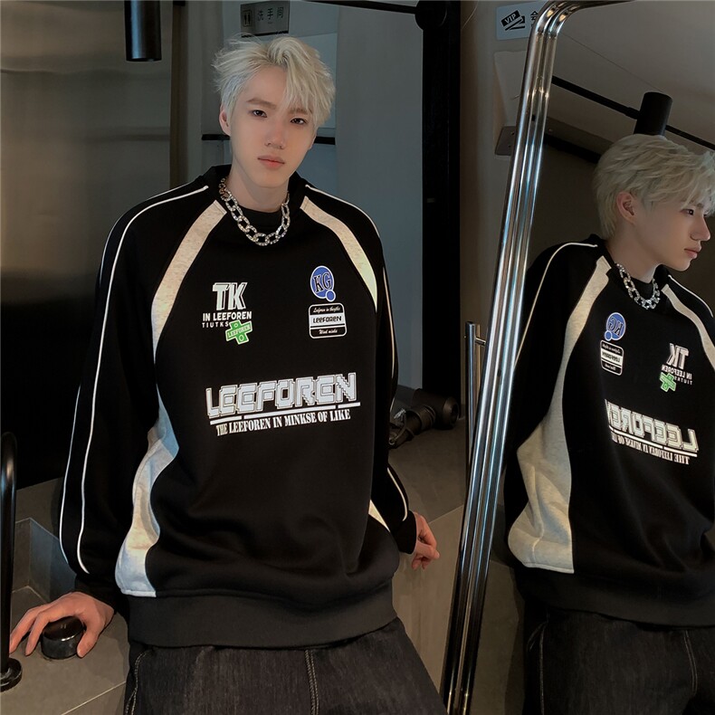360克重磅条纹拼接卫衣男圆领春秋美式复古赛车服外套W82-P58,男装卫衣,电商C307