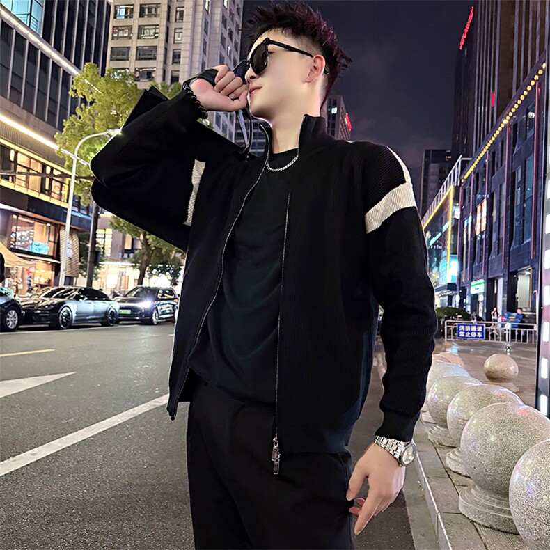 AF207/P98控138秋季社会小伙百搭立领撞色韩版修身外套开衫男黑首图片