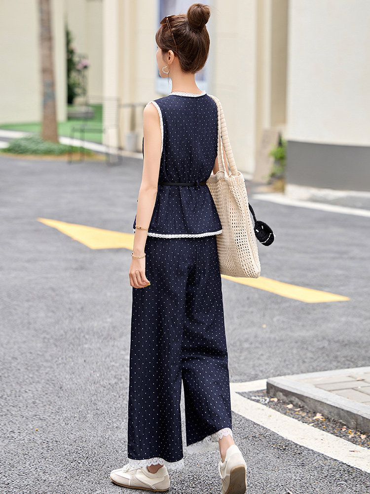 蕾丝花边拼接波点套装裤女2025夏季新款无袖马甲背心阔腿裤两件套,女装套装/套裙,沁沁公主