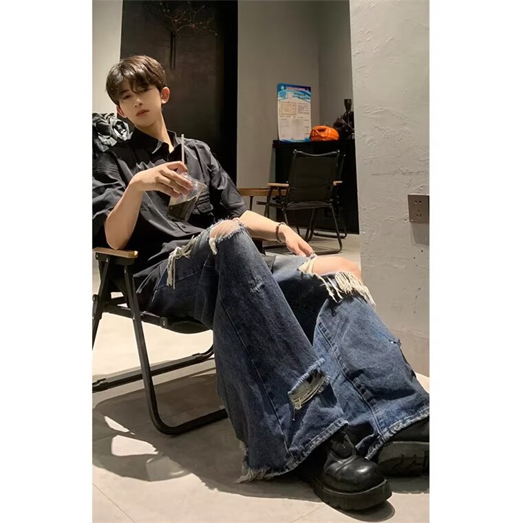 网络图现货!美式高街花卉印花破洞牛仔裤男女阔腿裤RT1728-P55图片