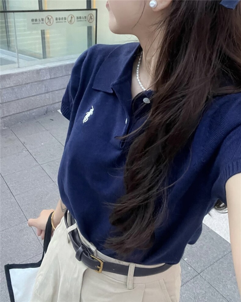 韩版polo领短袖针织上衣女2025夏季新款休闲百搭针织衫女,针织衫/毛衣,沐策羊绒