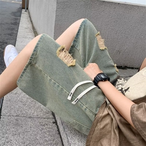 高街破洞牛仔短裤男韩版潮流松紧腰2023夏季ins五分裤RK686-P36图片