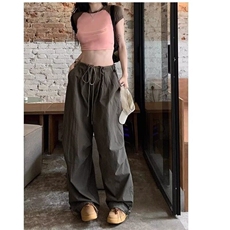 美式复古工装裤女夏季速干降落伞裤宽松垂感褶皱阔腿裤LG8433-P43，男装休闲裤，星座1008