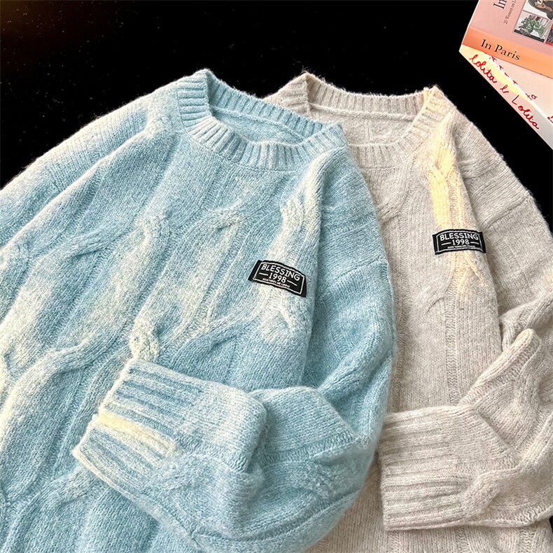 8XL-M圆领毛衣男秋冬慵懒风宽松情侣装麻花针织羊毛衫MY19004P68,男装针织衫/毛衣,电商B312