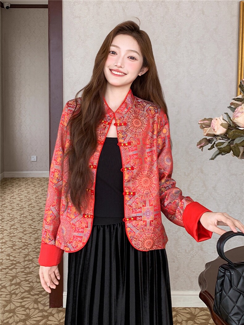 新中式独特漂亮唐装上衣红色印花立领盘扣短外套女秋,女装短外套,浙宝095(原288A)