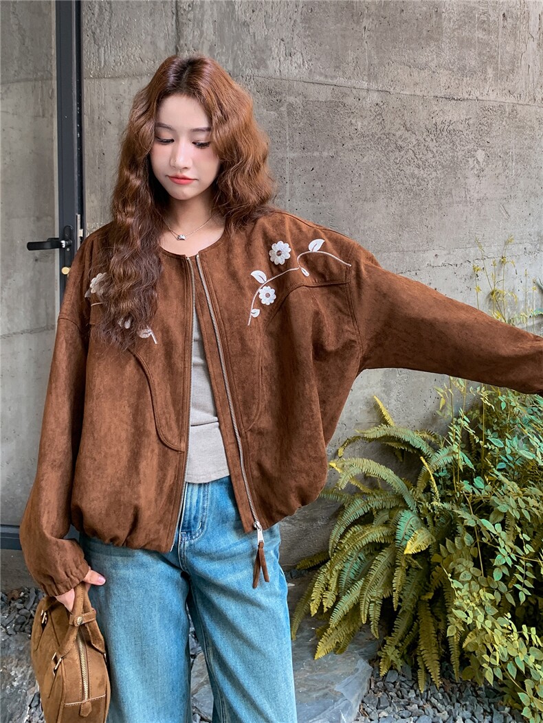 咖色刺绣麂皮绒外套女2025秋季新款超好看复古宽松小个子圆领上衣,女装短外套,浙宝101