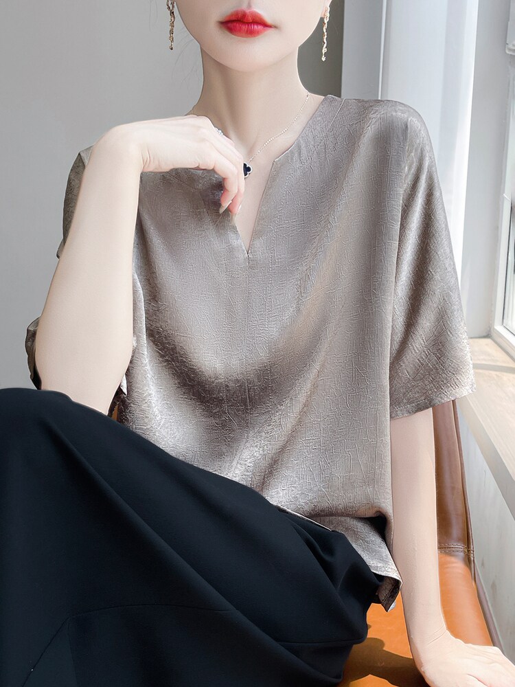 衬衣V领高级感短袖衬衫夏季新款纯色宽松上衣,针织衫/毛衣,绒宛羊绒