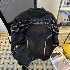 美式复古重磅流苏毛边垫肩机车夹克外套短款上衣男JK08641-P88，男装夹克，星座308B-1