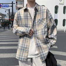 青少年港风文艺格子衬衫男长袖春秋季休闲复古衬衣外套W1599-P30，男装衬衫，星座512-4