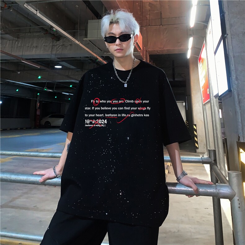 美式复古满天星重工反光短袖T恤男女情侣款宽松圆领休闲上衣特p28,男装T恤,电商C307A
