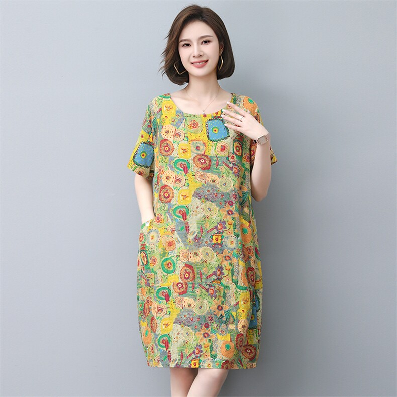 长期现货，碎花棉麻连衣裙女夏季2023新款复古高端宽松大码潮，女装连衣裙，涵誉