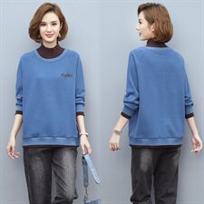2021冬季新款绣花高领加绒卫衣假两件拼接撞色卫衣，女装卫衣/绒衫，独衣靓