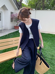 休闲马甲女夏季新款小香风减龄阔腿裤T恤三件套图片