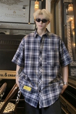 港风大码美式复古贴标格子翻领短袖衬衫男XZ213-CS8806-P45控58，男装衬衫，星座213