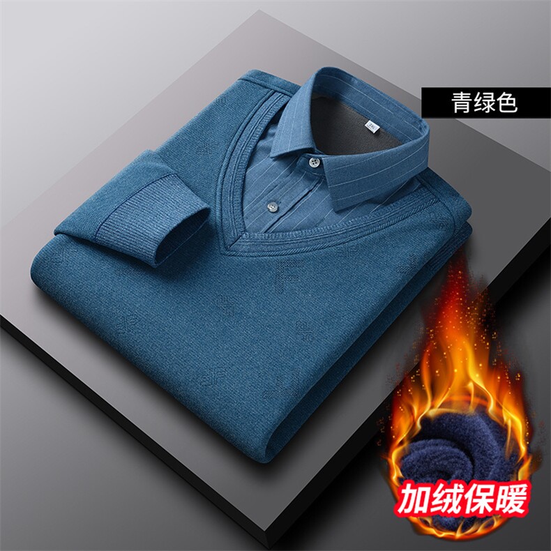 秋冬季新款2022POLO衫加绒加厚假两件男士长袖休闲百搭T恤P68,男装T恤,钱塘6003（原4033）