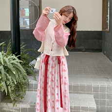氛围感减龄镂空钩花马甲套装裙女秋2025新款衬衫印花半身裙三件套，女装套装/套裙，2C028