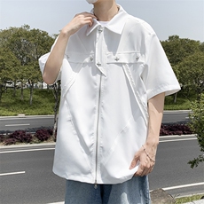 美式复古拉链短袖衬衫男女潮牌宽松百搭翻领半袖上衣CS01278-P40，男装衬衫，星座308B-2