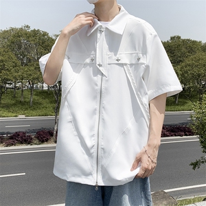 美式复古拉链短袖衬衫男女潮牌宽松百搭翻领半袖上衣CS01278-P40图片
