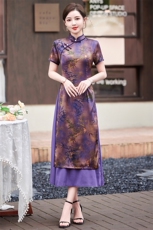 重磅香云纱真丝连衣裙2024新款高端大牌妈妈气质桑蚕丝大码短袖裙，女装汉服/婚纱/旗袍/礼服，小荷流