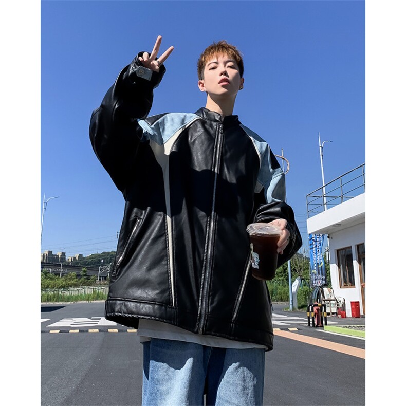 皮夹克男士韩版潮流高街帅拼色美式宽松2024秋冬ins外套W5855-P80,男装夹克,星座412-2