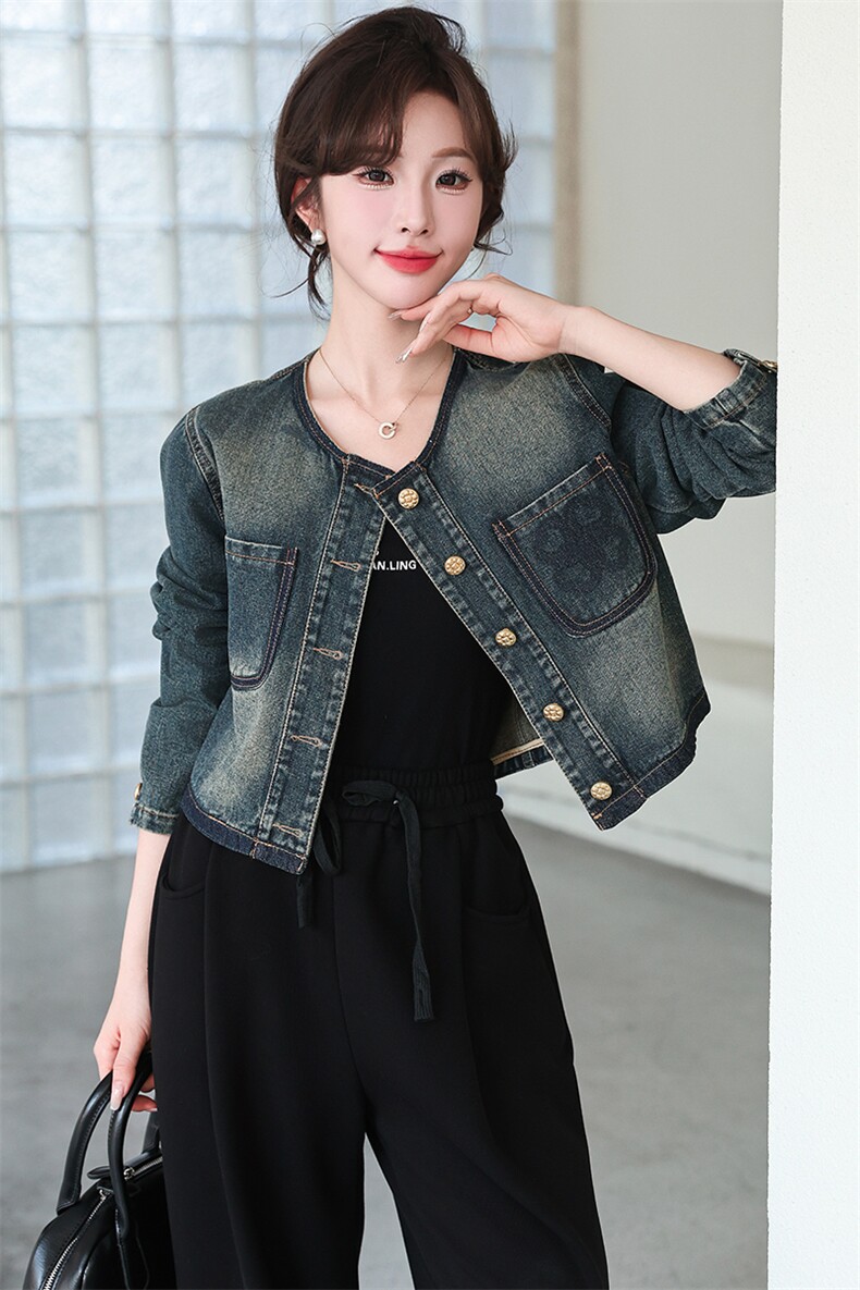 现货小香风拼接洗水牛仔外套女短款法式显瘦显高气质春秋季外套,女装牛仔外套,江南女神