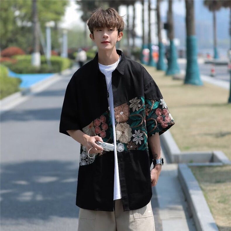 男潮五分袖衬衫方领潮流标准青春流行时尚纽扣装饰春BK202-P42,男装衬衫,星座1109-3