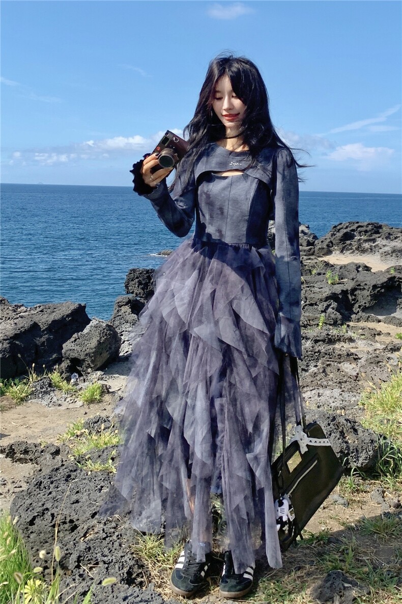 小清新不规则网纱吊带连衣裙套装女春秋2025新款独特超好看长裙子,女装套装/套裙,2C012