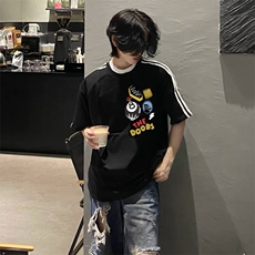 抖音得物高品质二开240克宽松纯棉美式潮牌三条杠织带短袖T恤，男装T恤，电商A486-1