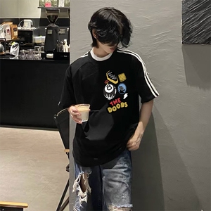 抖音得物高品质二开240克宽松纯棉美式潮牌三条杠织带短袖T恤图片