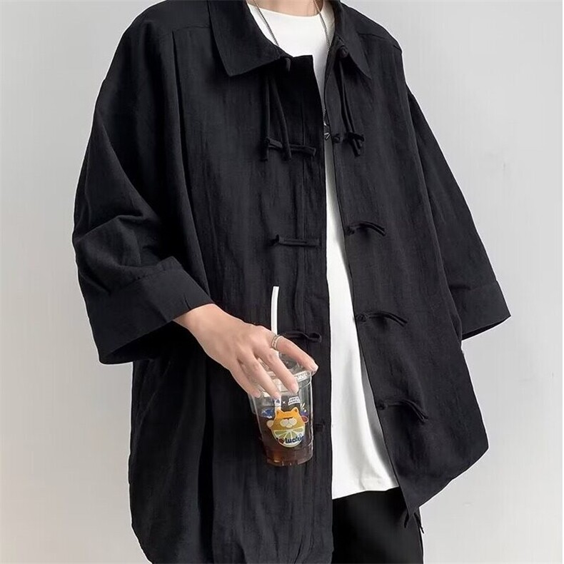 新中式风盘扣长袖衬衫男春秋设计感大码唐装衬衣高级感汉服道袍,男装衬衫,星座218-1（原230）