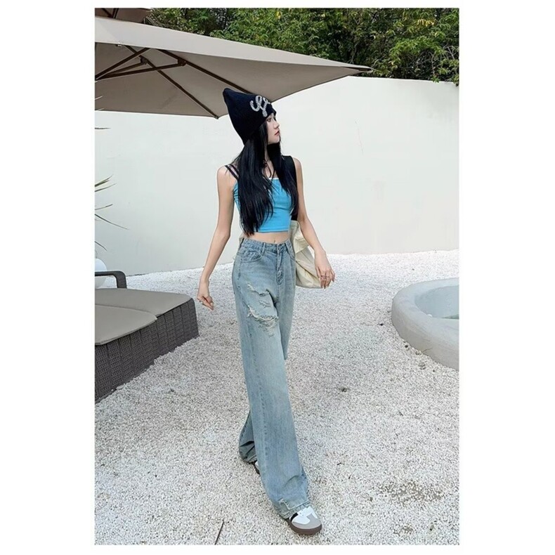 705-P41破洞阔腿牛仔裤女薄款夏季2025新款小个子,男装牛仔裤,电商B323A