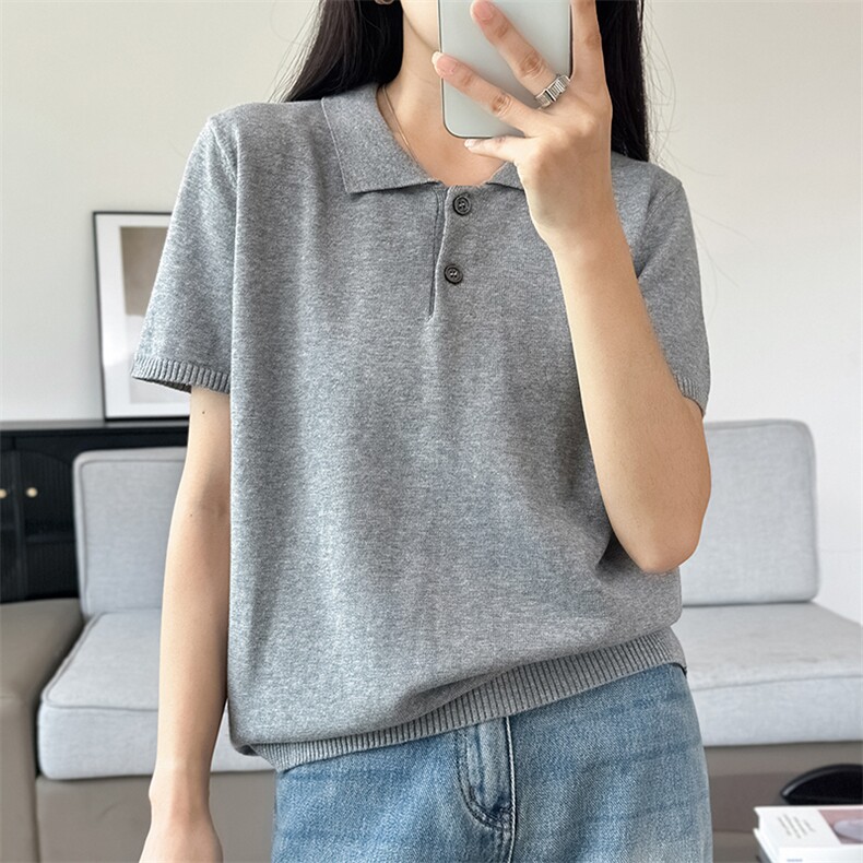 夏季时尚百搭纯棉针织短袖女翻领纯色宽松显瘦上衣t恤女polo衫女,女装T恤,洁纯羊绒