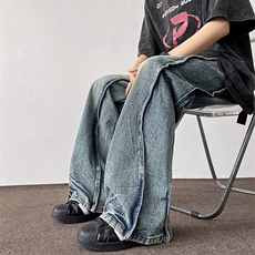 美式重磅拼接设计感廓形牛仔裤男女闪电纹水洗阔腿直筒裤，男装牛仔裤，星座410-6（原星座1304-1）