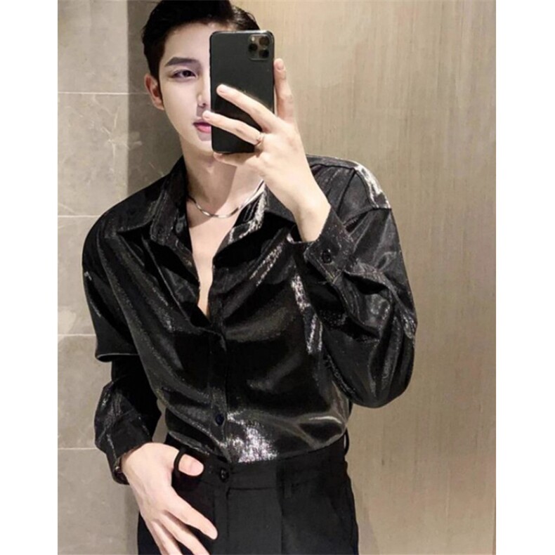 新潮的液态金属多变的闪亮设计衬衫潇洒时尚的男女衬衫 C008图片