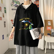 LD54219-P45连帽短袖t恤男大码胖子带帽五分袖中袖海报风，男装T恤，电商A040