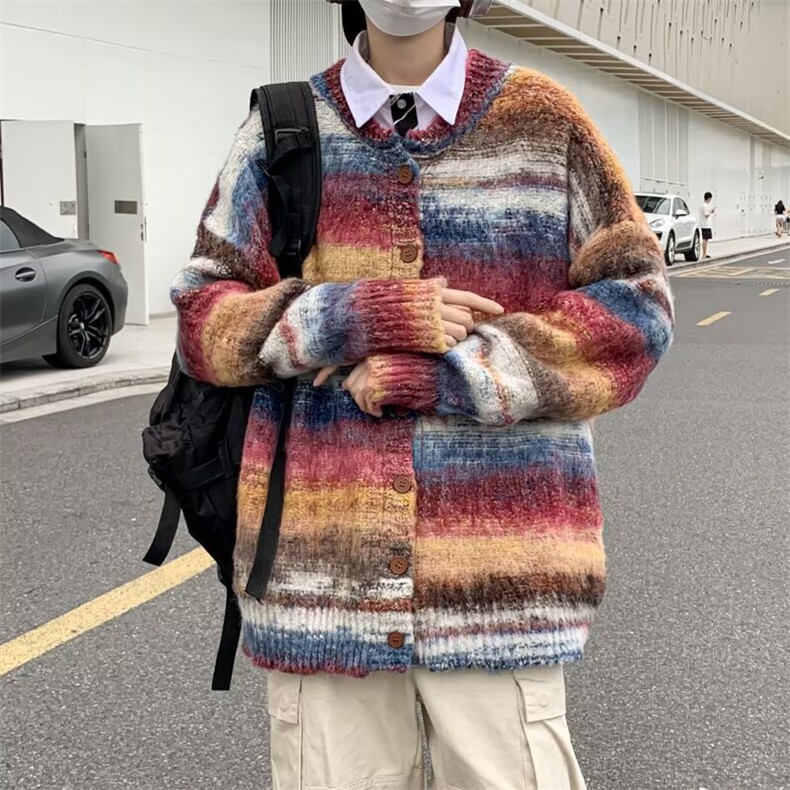 日系撞色拼接扎染开衫毛衣男秋季2025新款纽扣针织衫复古休闲外套,男装针织衫/毛衣,星座506A