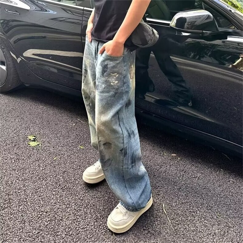复古蓝美式高街复古牛仔裤男春秋季新款设计感vibe工装直筒裤,男装牛仔裤,四季星座505