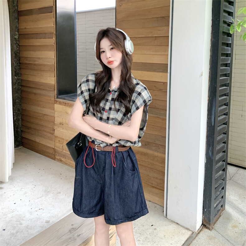 慵懒风休闲显瘦减龄套装女2025夏新款格子衬衫上衣牛仔短裤两件套,女装套装/套裙,2C266
